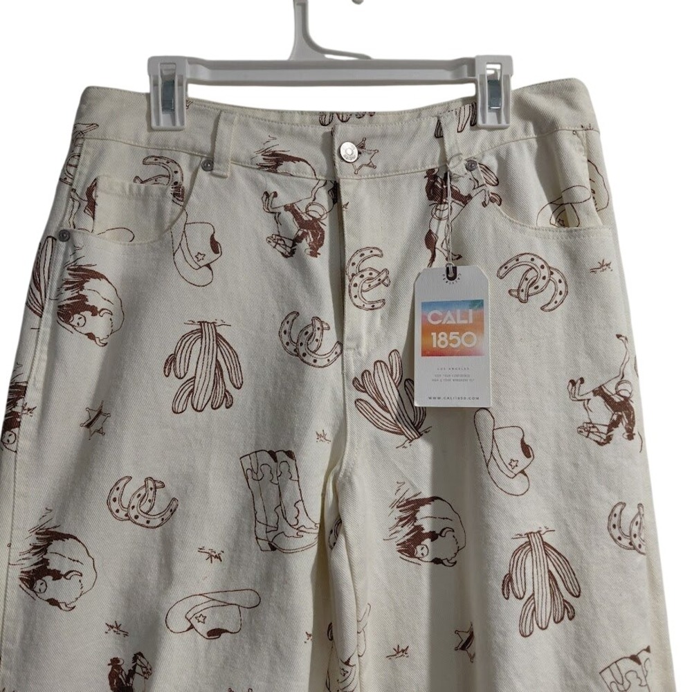 Cali 1850 Womens Western Print Barrel Jeans Cream Brown Size 13 NWT High Rise - Picture 4 of 16
